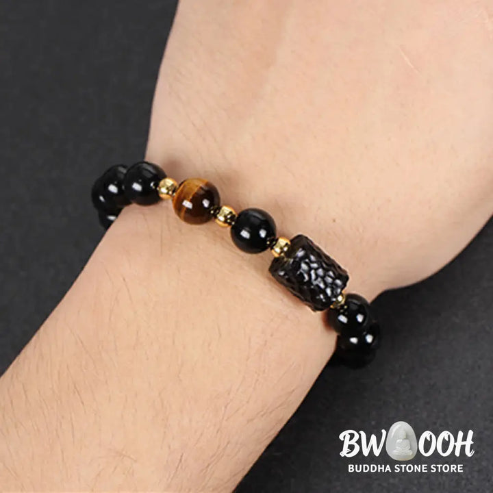 BWOOOH Black Obsidian Ebony Wood and Red Tiger Eye Strength Couple Bracelet designed by Drolma