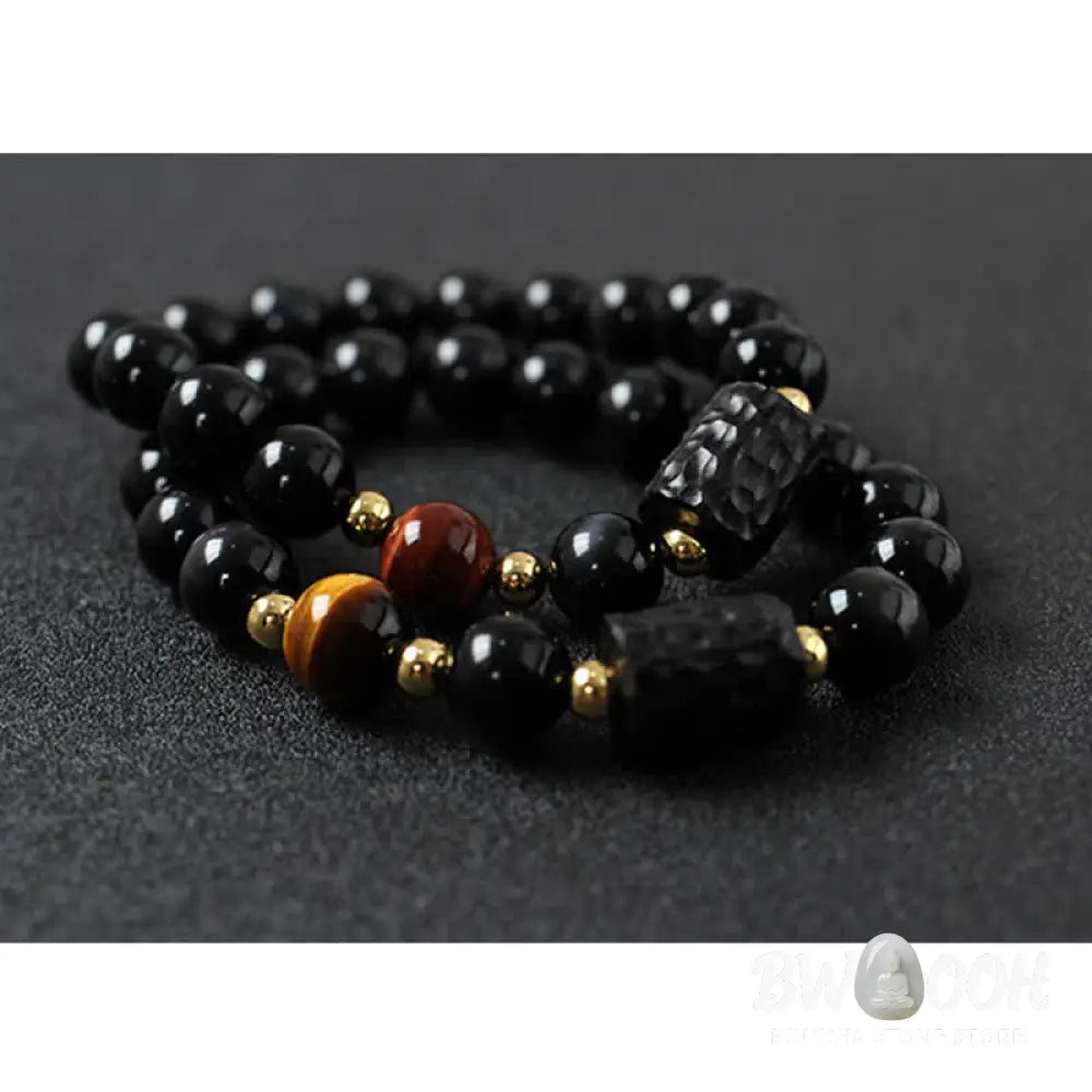 BWOOOH Black Obsidian Ebony Wood and Red Tiger Eye Strength Couple Bracelet designed by Drolma