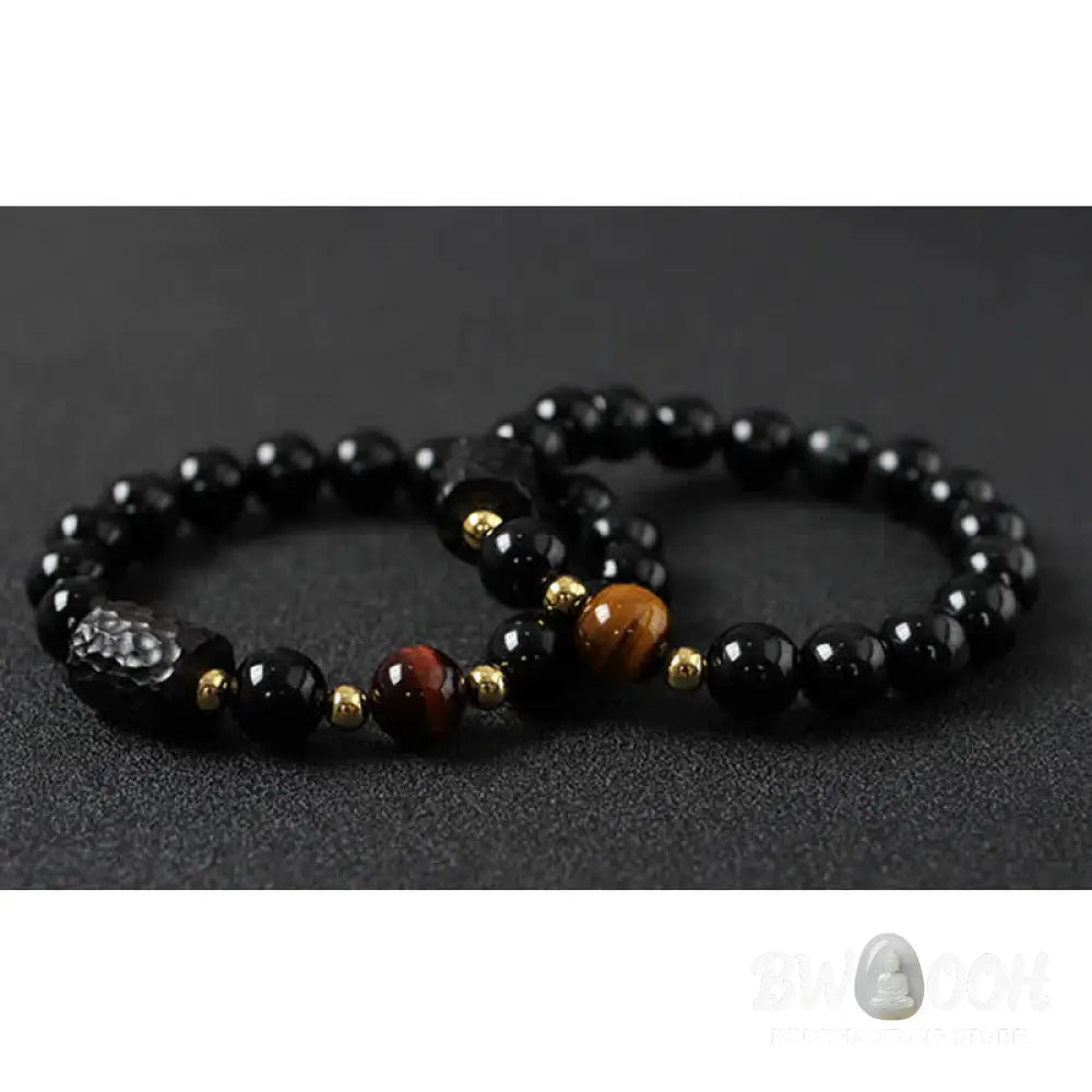 BWOOOH Black Obsidian Ebony Wood and Red Tiger Eye Strength Couple Bracelet designed by Drolma