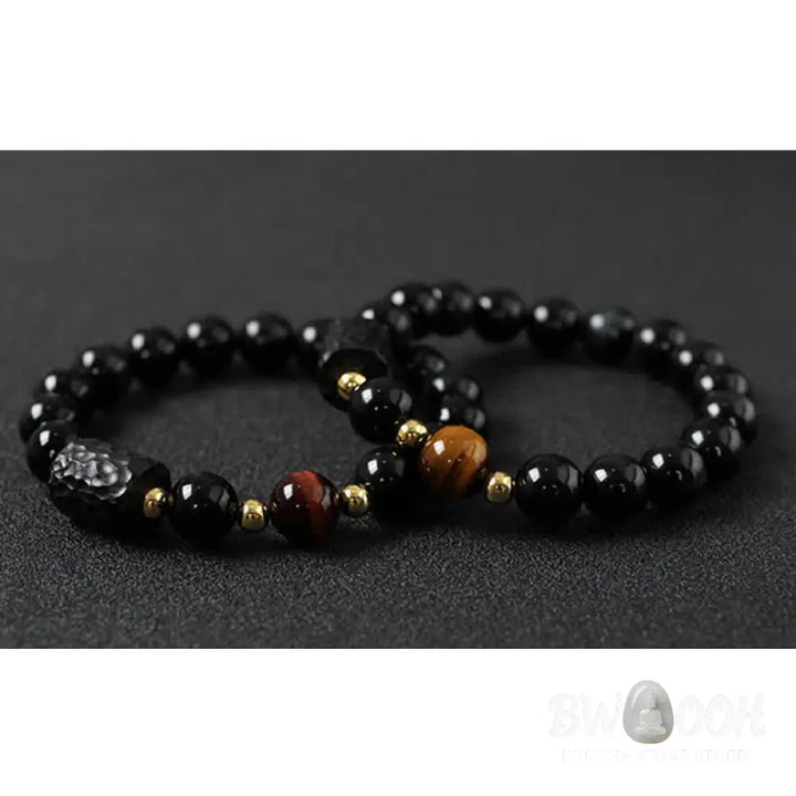 BWOOOH Black Obsidian Ebony Wood and Red Tiger Eye Strength Couple Bracelet designed by Drolma