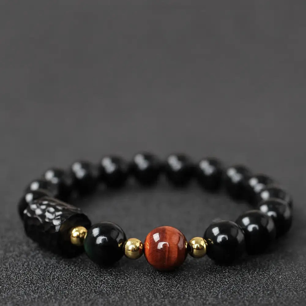 BWOOOH Black Obsidian Ebony Wood and Red Tiger Eye Strength Couple Bracelet designed by Drolma