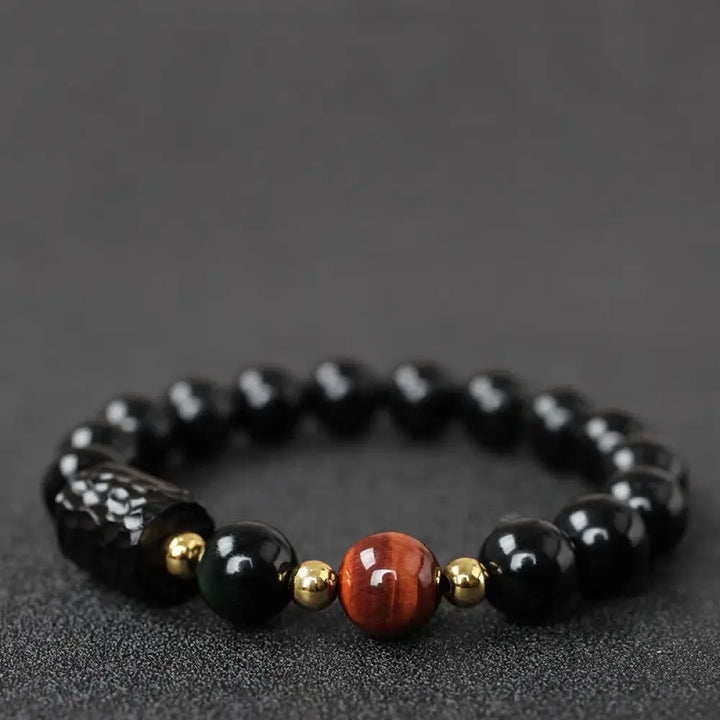 BWOOOH Black Obsidian Ebony Wood and Red Tiger Eye Strength Couple Bracelet designed by Drolma