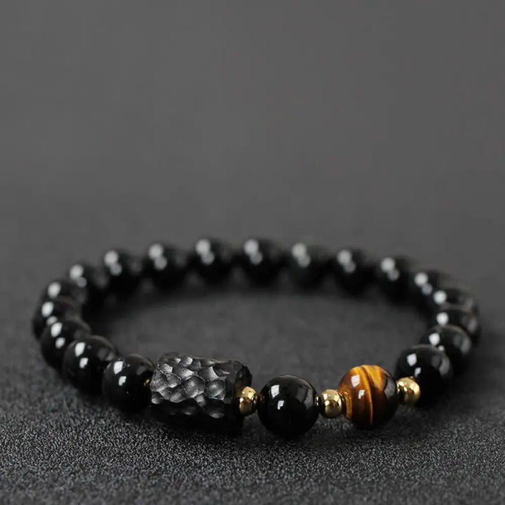 BWOOOH Black Obsidian Ebony Wood and Red Tiger Eye Strength Couple Bracelet designed by Drolma