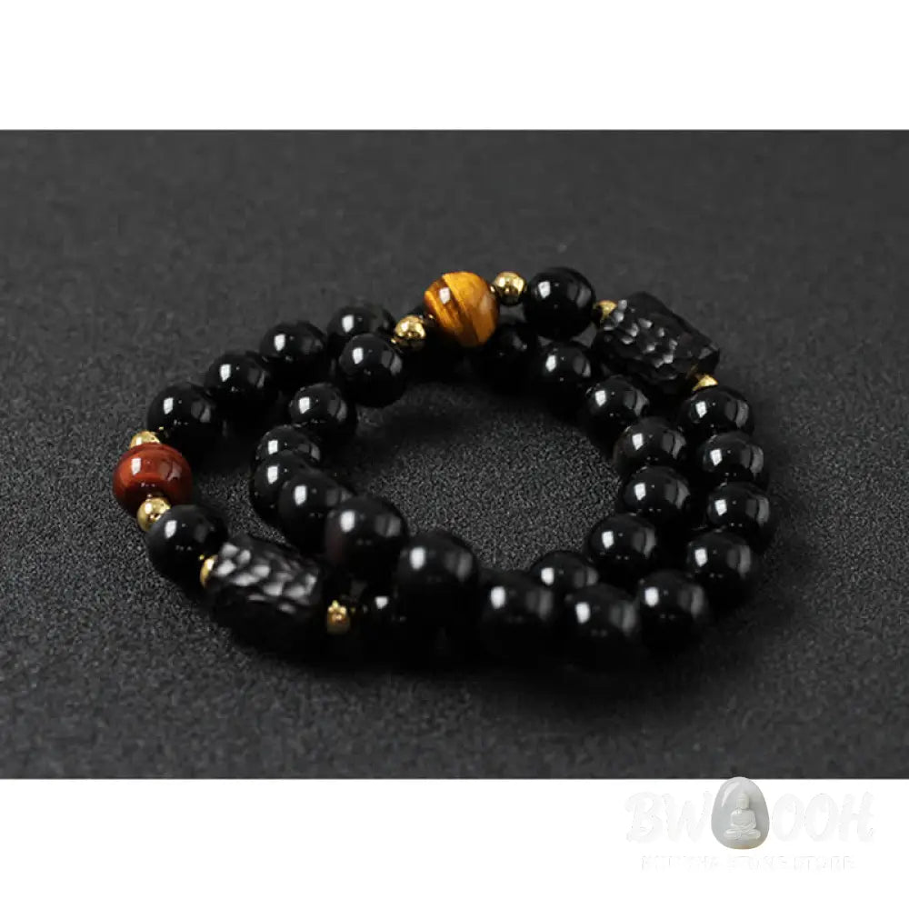 BWOOOH Black Obsidian Ebony Wood and Red Tiger Eye Strength Couple Bracelet designed by Drolma