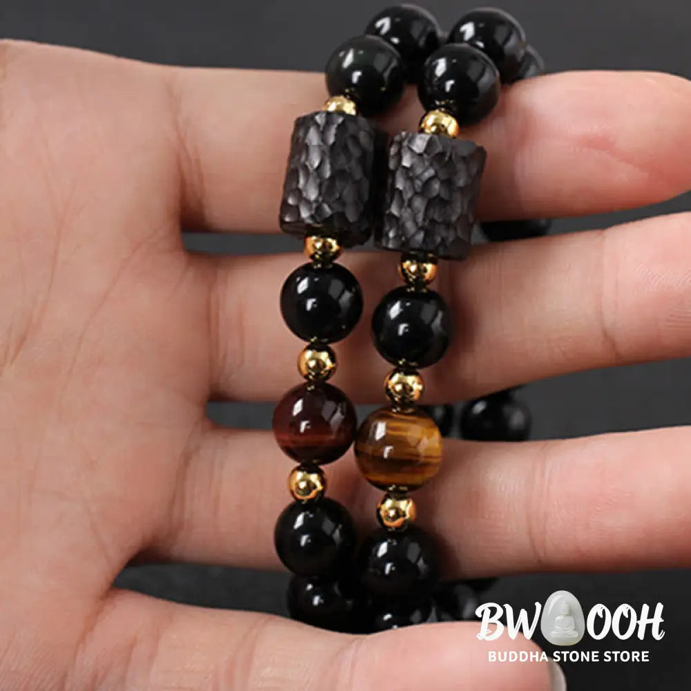 BWOOOH Black Obsidian Ebony Wood and Red Tiger Eye Strength Couple Bracelet designed by Drolma