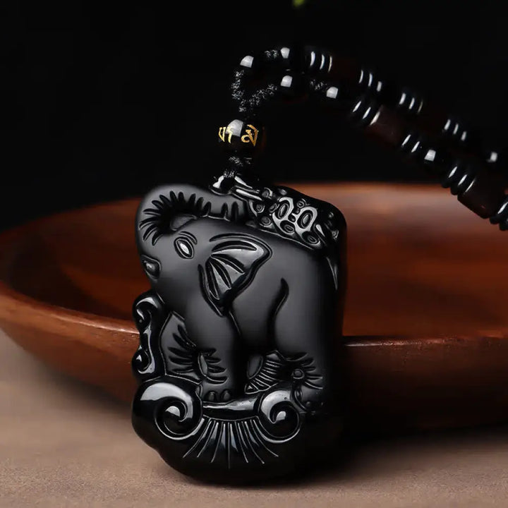 BWOOOH black obsidian elephant protection necklace pendant and keychain on nylon string — grounding and feng shui necklace