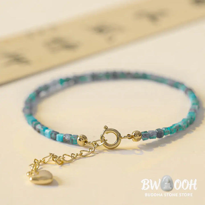 Buddha Stone 2.5mm Apatite Ultra-thin Beads 14k Gold Plated Copper Heart Motivation Bracelet - BWOOOH - 2.5mm