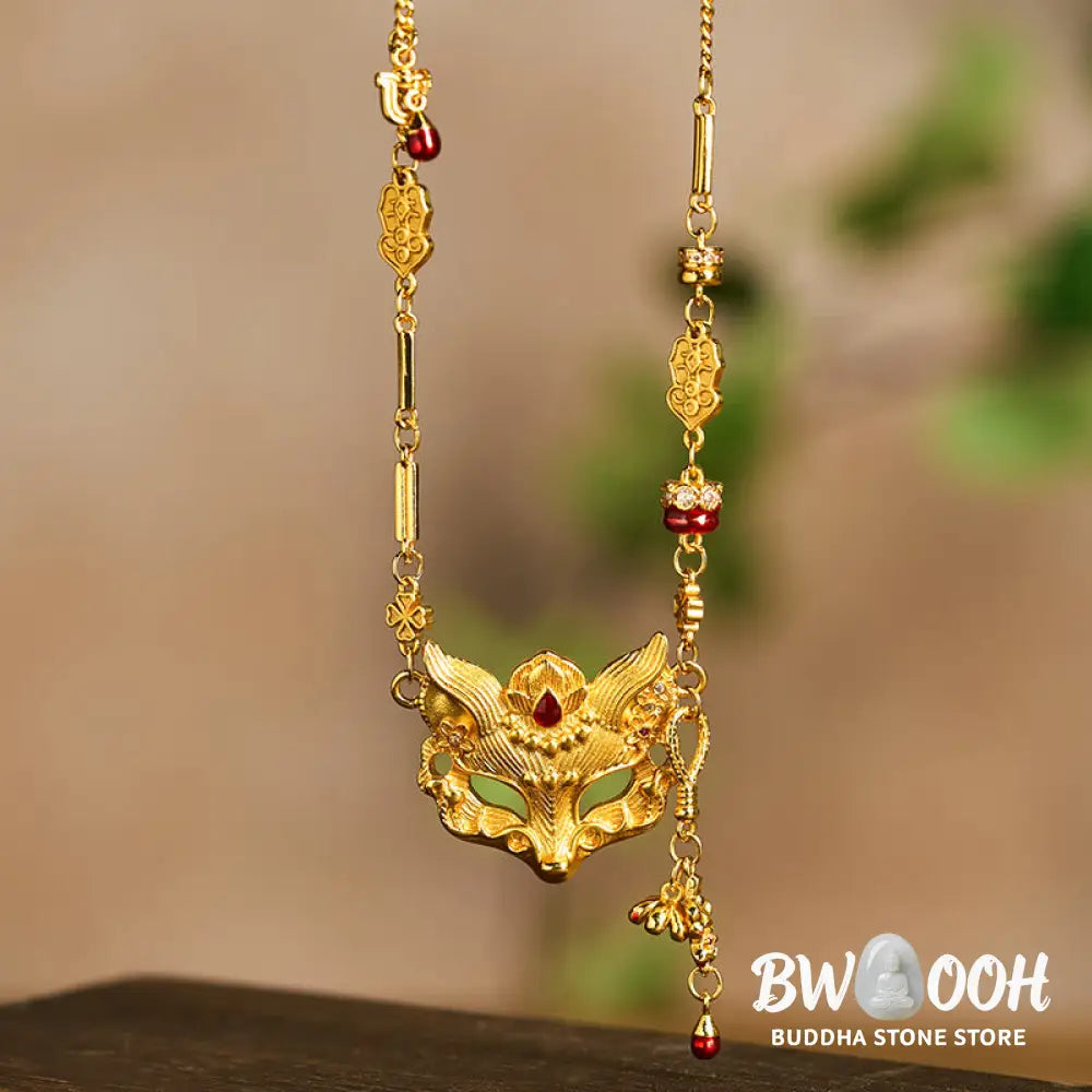 Buddha Stone 24k Gold Plated Brass Fox Design Tassel Pendant Necklace - BWOOOH - Fox - Necklaces &amp; Pendants