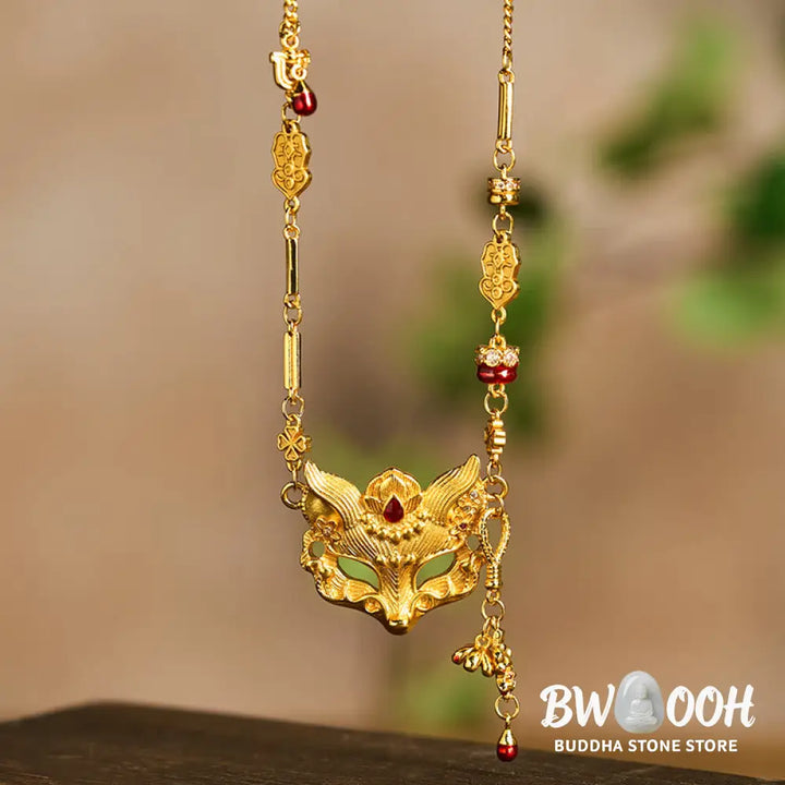 Buddha Stone 24k Gold Plated Brass Fox Design Tassel Pendant Necklace - BWOOOH - Fox - Necklaces &amp; Pendants