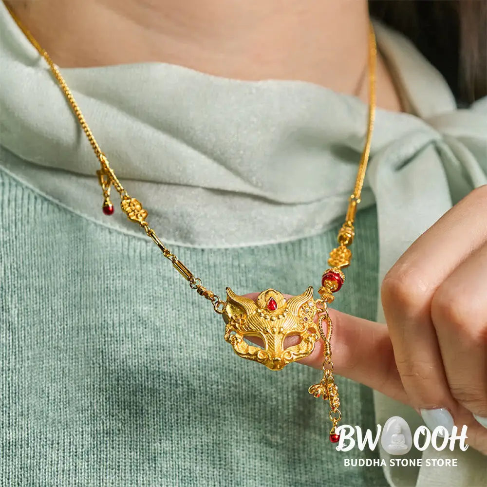 Buddha Stone 24k Gold Plated Brass Fox Design Tassel Pendant Necklace - BWOOOH - Fox - Necklaces &amp; Pendants