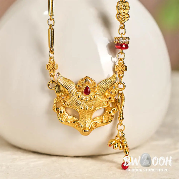 Buddha Stone 24k Gold Plated Brass Fox Design Tassel Pendant Necklace - BWOOOH - Fox - Necklaces &amp; Pendants