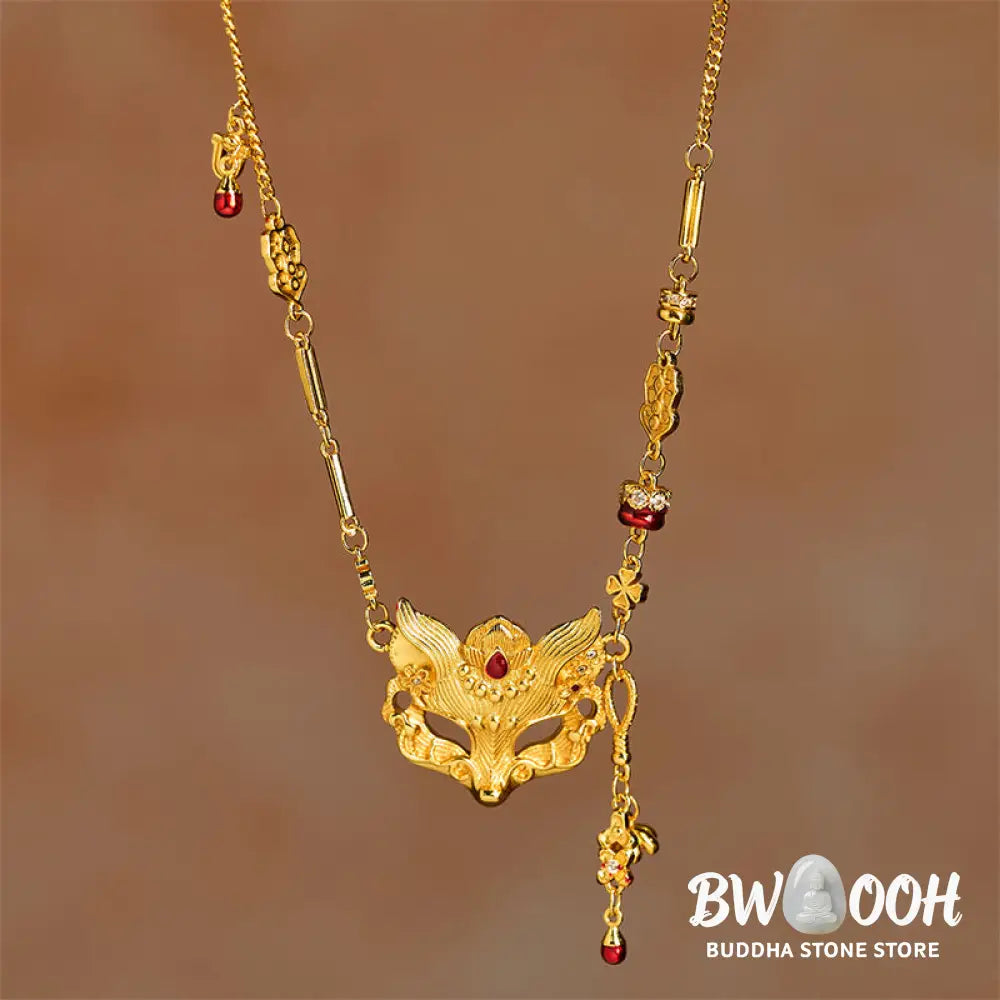 Buddha Stone 24k Gold Plated Brass Fox Design Tassel Pendant Necklace - BWOOOH - Fox - Necklaces &amp; Pendants