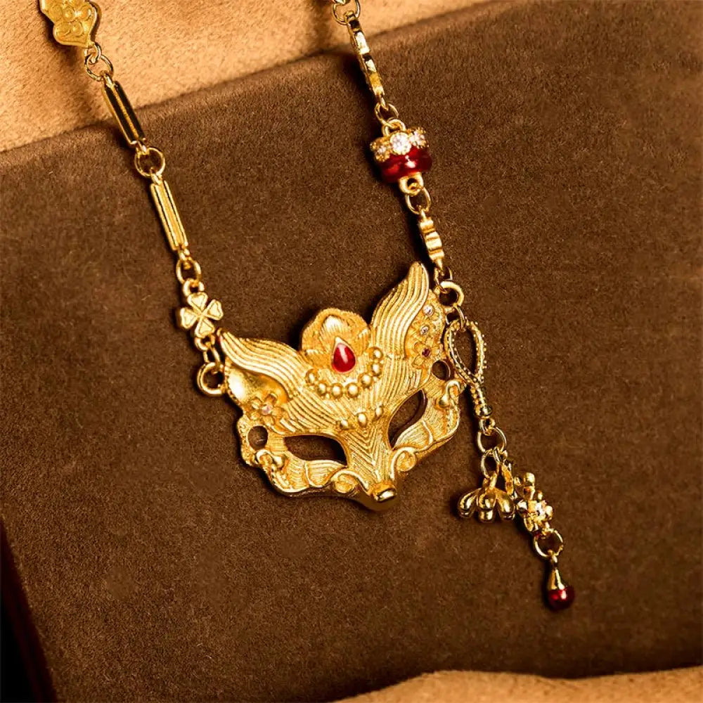 Buddha Stone 24k Gold Plated Brass Fox Design Tassel Pendant Necklace - BWOOOH - Fox - Necklaces & Pendants