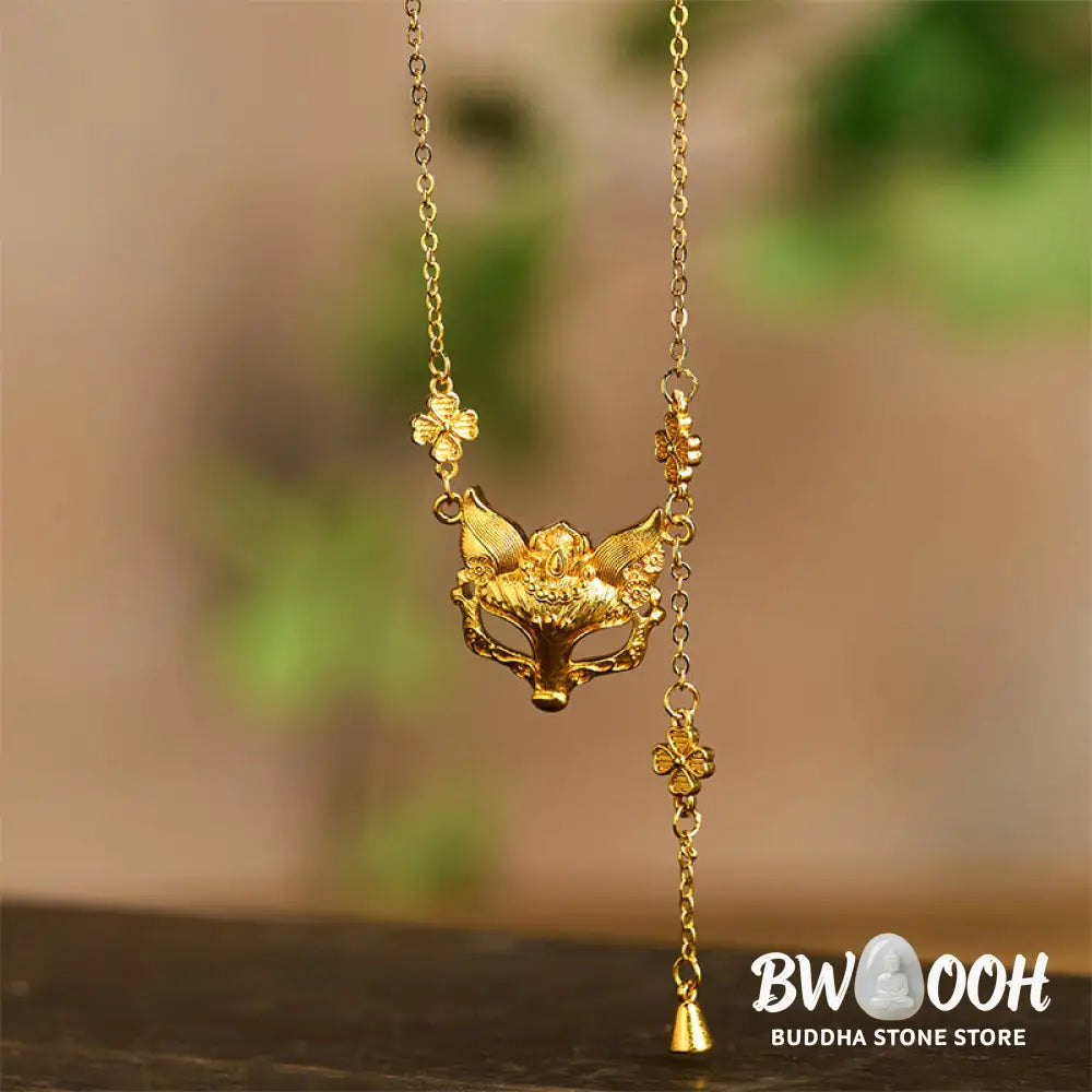 Buddha Stone 24k Gold Plated Brass Fox Flower Design Tassel Pendant Necklace - BWOOOH - Fox - Necklaces &amp; Pendants
