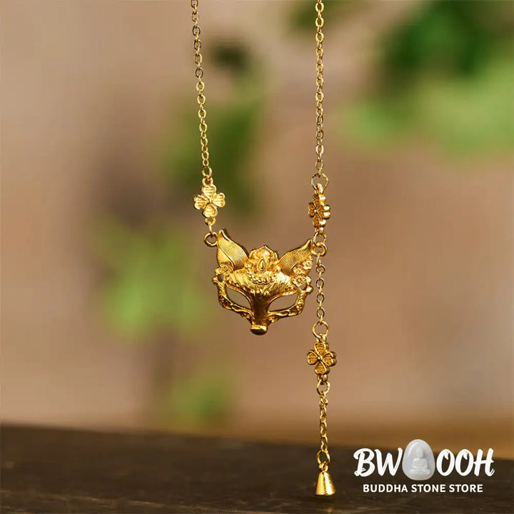Buddha Stone 24k Gold Plated Brass Fox Flower Design Tassel Pendant Necklace - BWOOOH - Fox - Necklaces &amp; Pendants