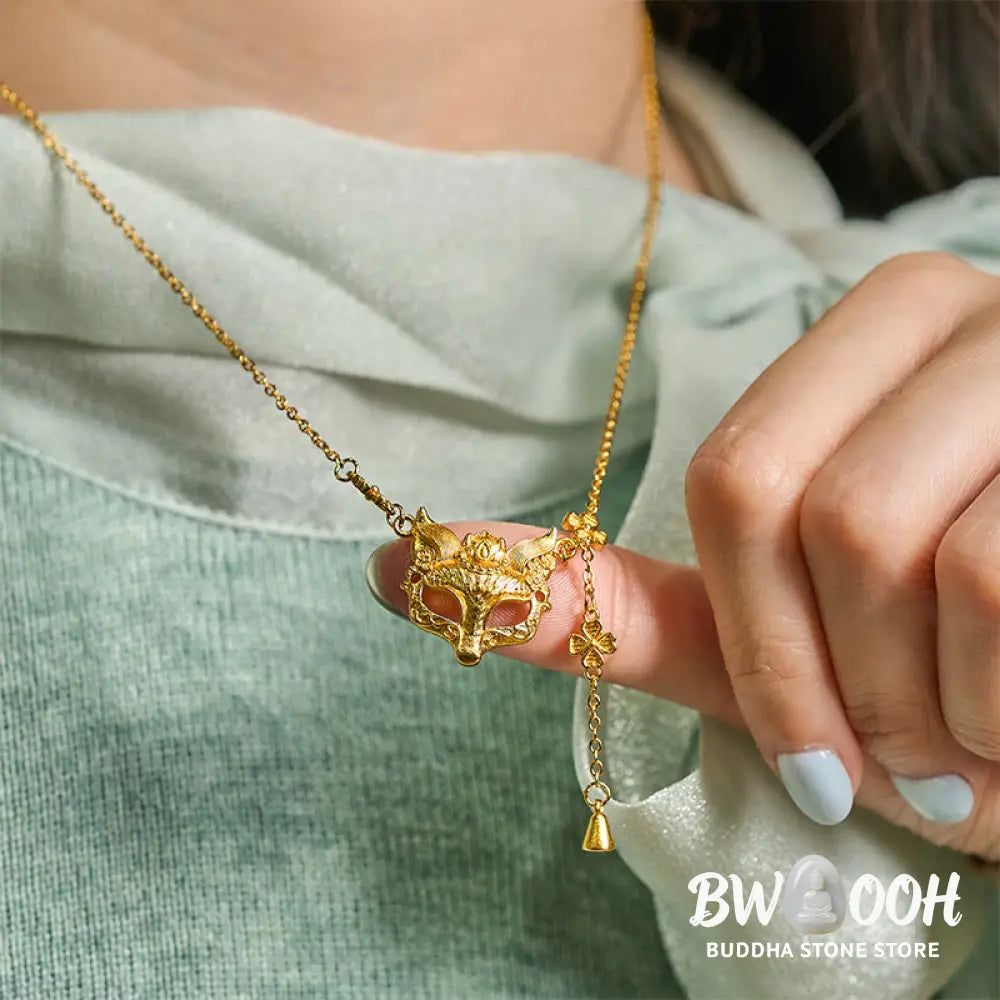 Buddha Stone 24k Gold Plated Brass Fox Flower Design Tassel Pendant Necklace - BWOOOH - Fox - Necklaces &amp; Pendants