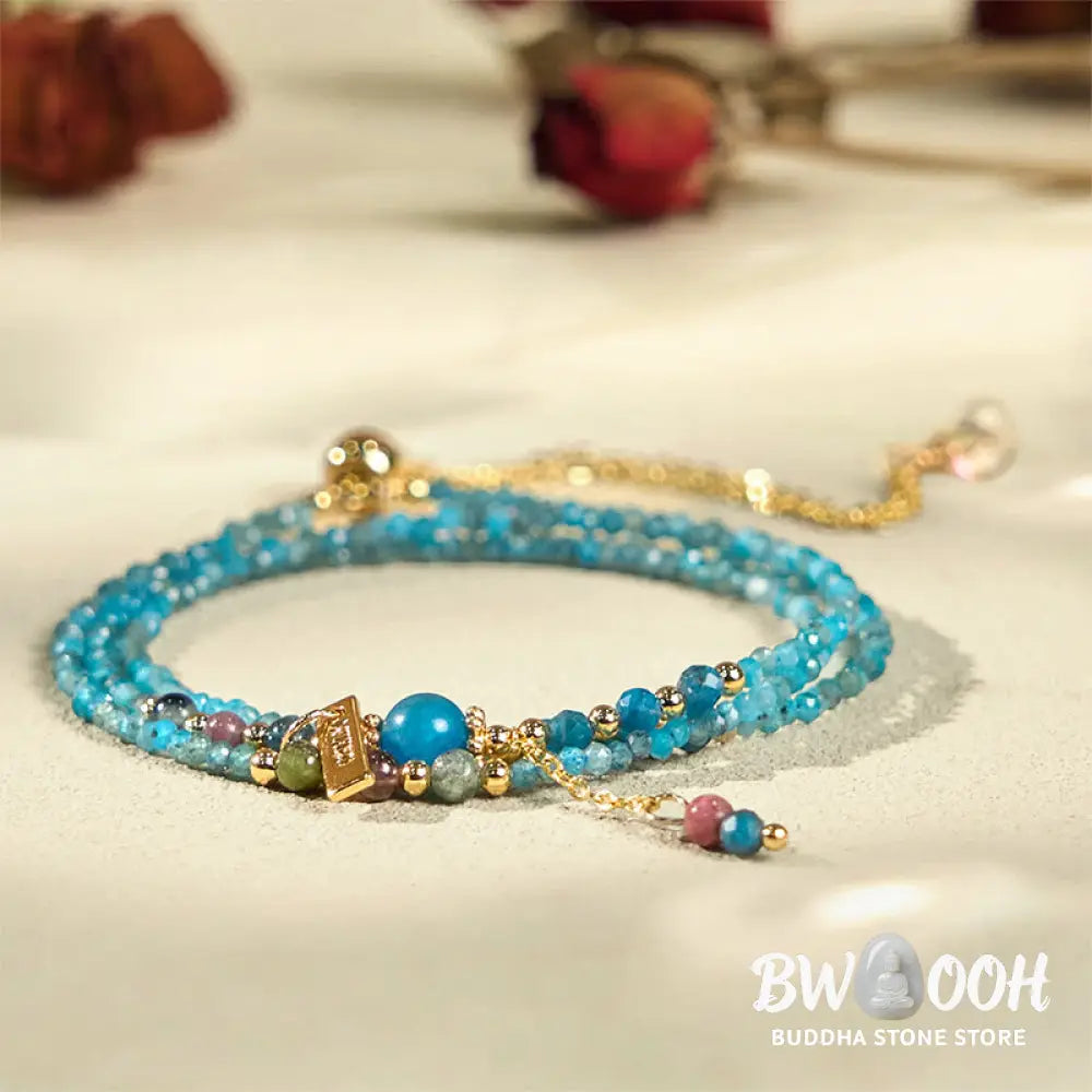 Buddha Stone 3mm Natural Apatite Ultra-thin Beads 14k Gold Plated Copper Creativity Triple Wrap Bracelet - BWOOOH - 3mm