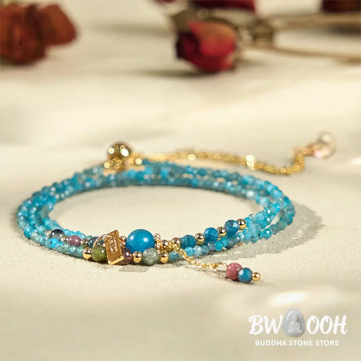 Buddha Stone 3mm Natural Apatite Ultra-thin Beads 14k Gold Plated Copper Creativity Triple Wrap Bracelet - BWOOOH - 3mm