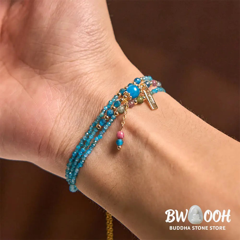 Buddha Stone 3mm Natural Apatite Ultra-thin Beads 14k Gold Plated Copper Creativity Triple Wrap Bracelet - BWOOOH - 3mm
