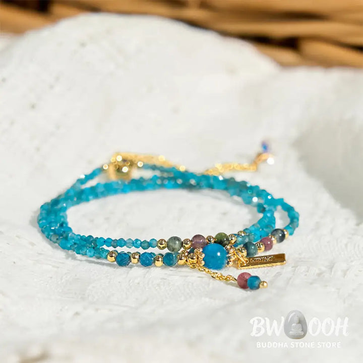 Buddha Stone 3mm Natural Apatite Ultra-thin Beads 14k Gold Plated Copper Creativity Triple Wrap Bracelet - BWOOOH - 3mm