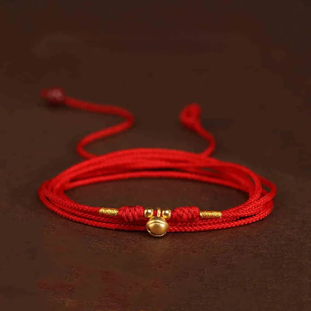 Buddha Stone 999 Solid Gold Red String Belly Chain - Bell Luck Beads Shape - Belly Chain