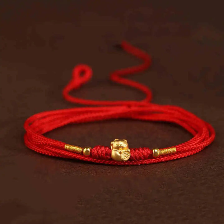 Buddha Stone 999 Solid Gold Red String Belly Chain - Cat Luck Beads Shape - Belly Chain