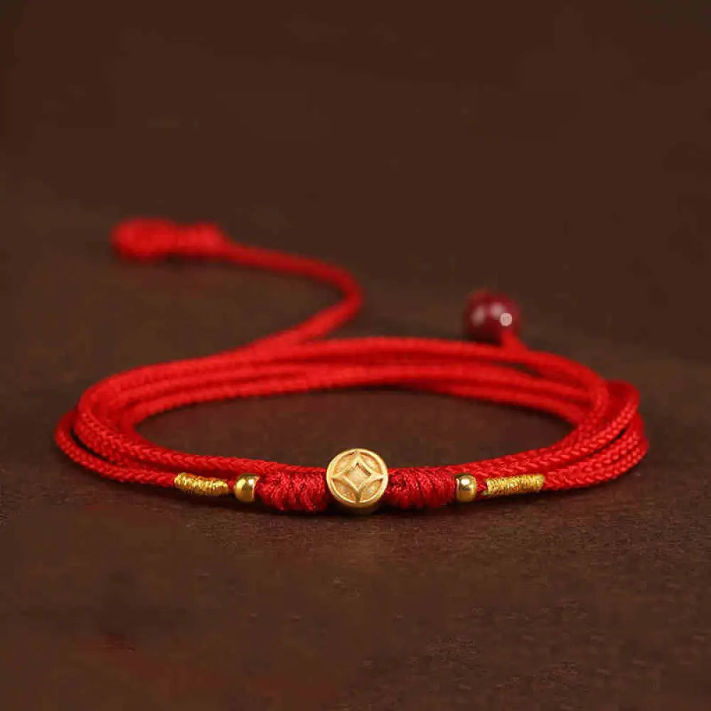 Buddha Stone 999 Solid Gold Red String Belly Chain - Coin Luck Beads Shape - Belly Chain