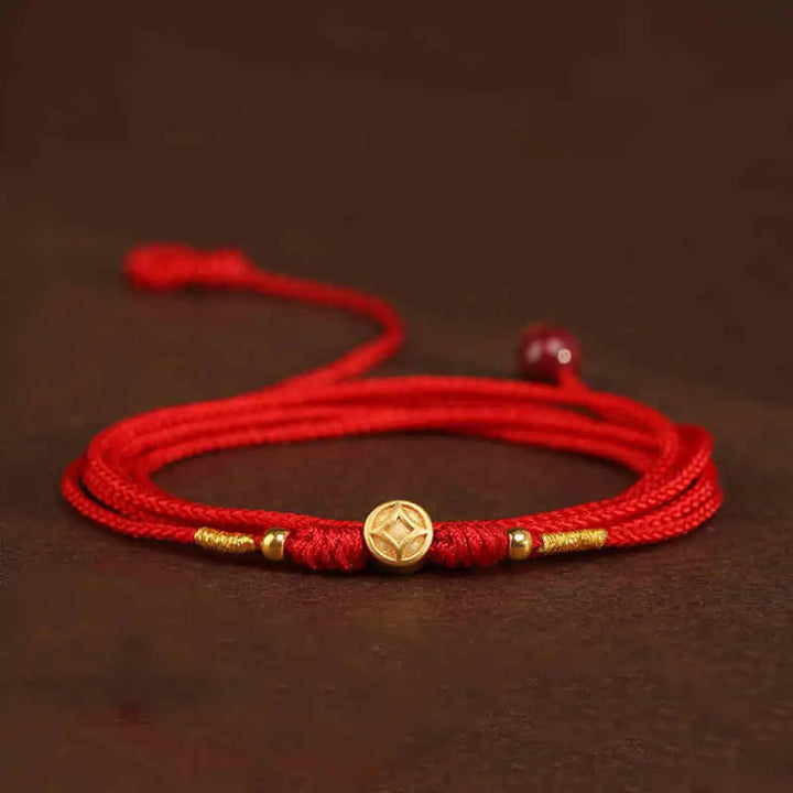 Buddha Stone 999 Solid Gold Red String Belly Chain - Coin Luck Beads Shape - Belly Chain