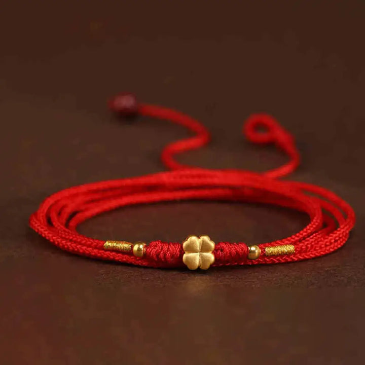 Buddha Stone 999 Solid Gold Red String Belly Chain - Four Leaf Clover Ingot Luck Beads Shape - Belly Chain