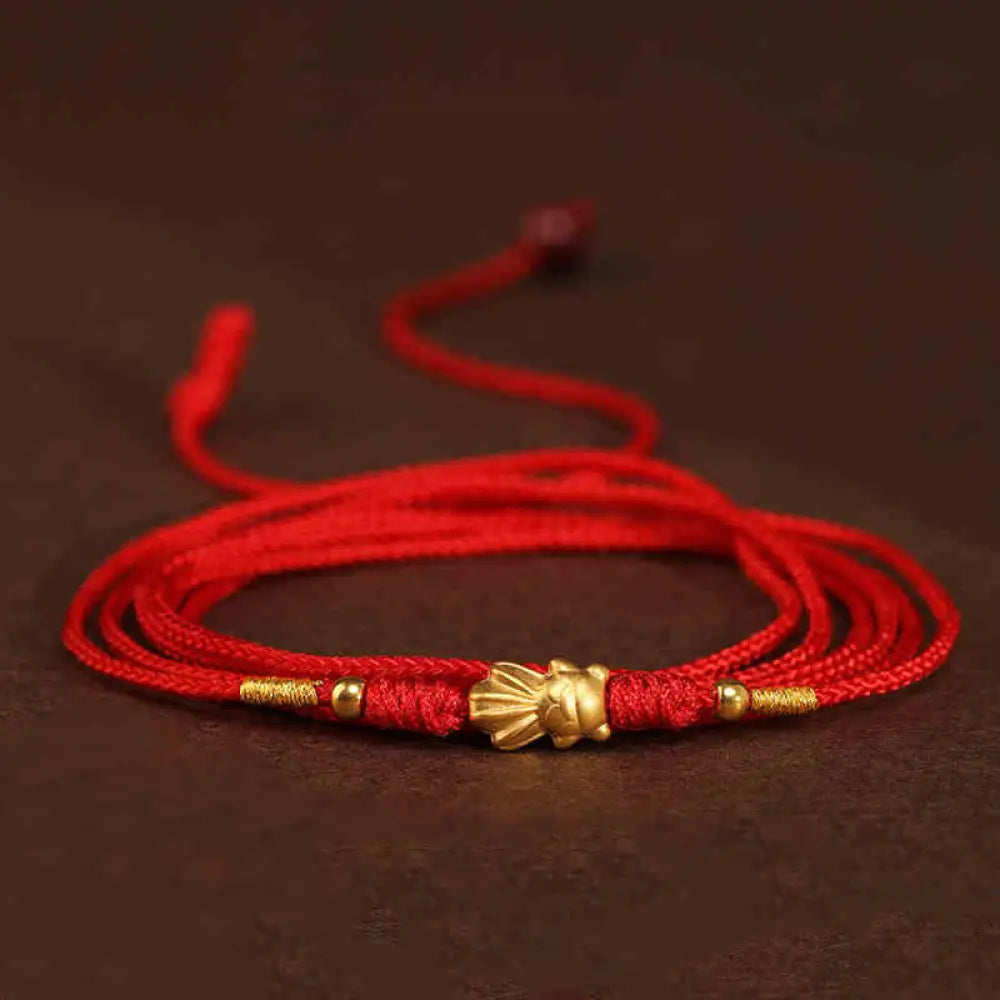 Buddha Stone 999 Solid Gold Red String Belly Chain - Goldfish Luck Beads Shape - Belly Chain