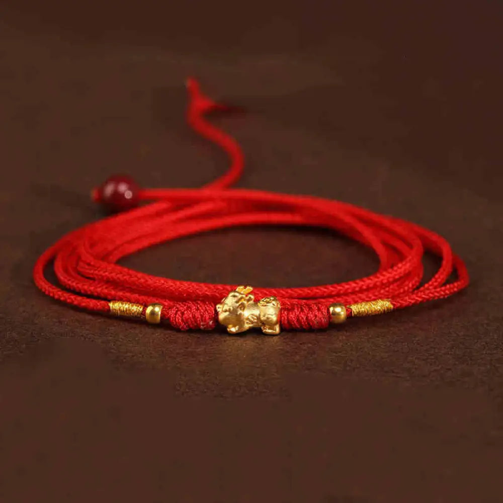 Buddha Stone 999 Solid Gold Red String Belly Chain - Pixiu Luck Beads Shape - Belly Chain