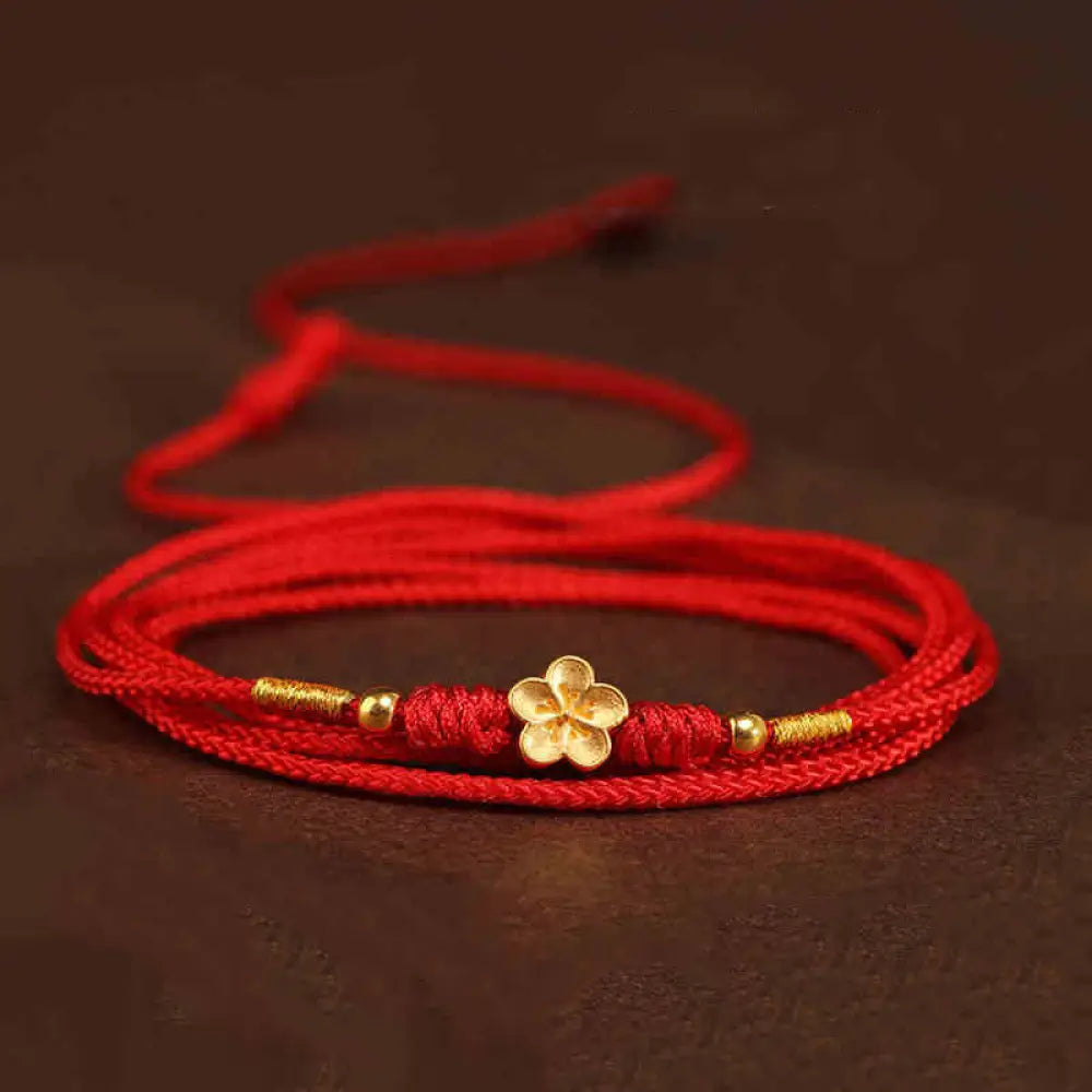 Buddha Stone 999 Solid Gold Red String Belly Chain - Plum Bossom Luck Beads Shape - Belly Chain