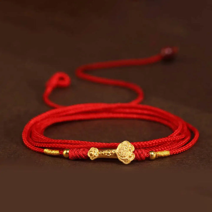 Buddha Stone 999 Solid Gold Red String Belly Chain - Ruyi Luck Beads Shape - Belly Chain