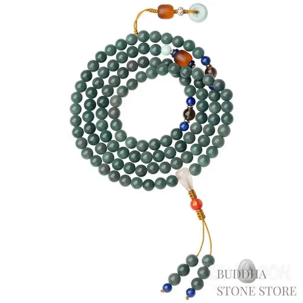 BWOOOH 108-bead Bodhi Seed meditation mala bracelet, featuring 8mm dark-speckled Bodhi seeds interspersed with vibrant red Cinnabar, rich green Jade, and golden Citrine accents. Designed for mindfulness, spiritual balance, and positive energy on a 90cm strand, worn five circles on a wrist. - View 6