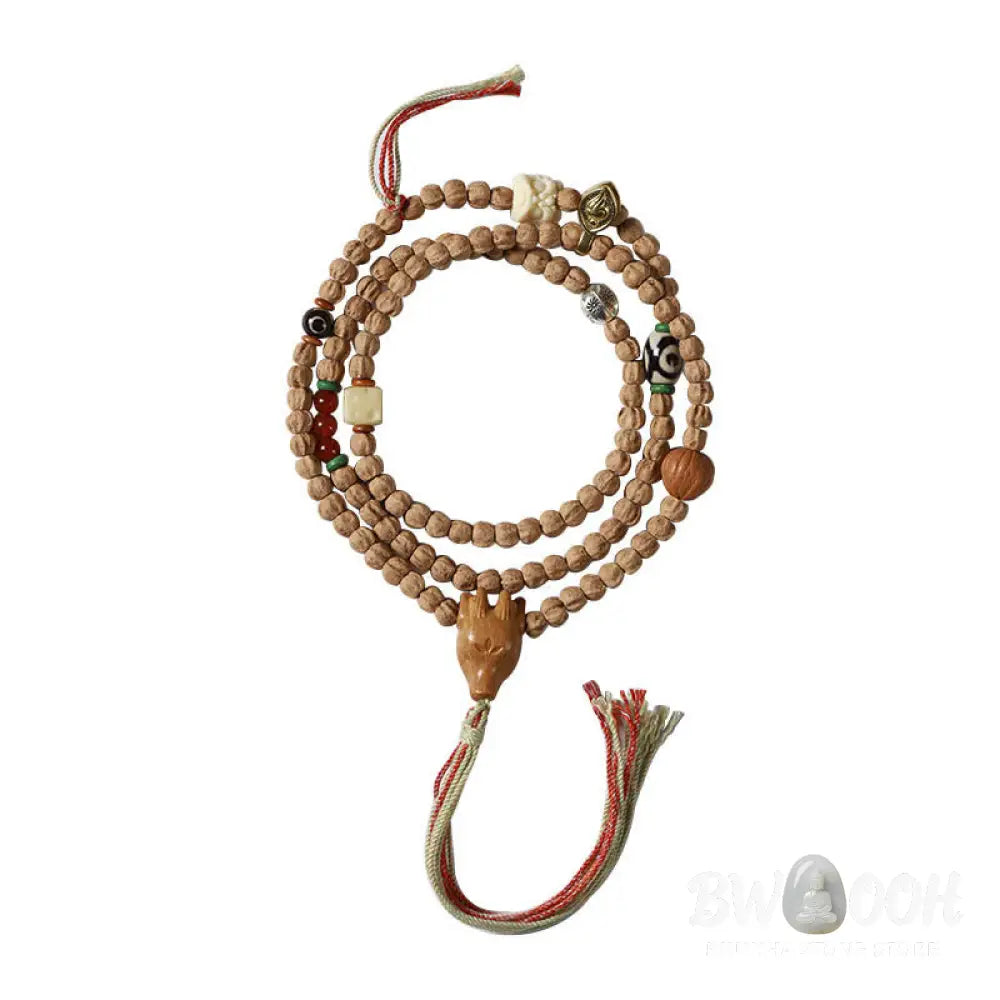 BWOOOH 108-bead Wisdom Mala bracelet featuring natural dark Bodhi Seeds, vibrant red agate beads, and a detailed deer head charm, displayed on a serene background, perfect for meditation and spiritual balance. - View 16