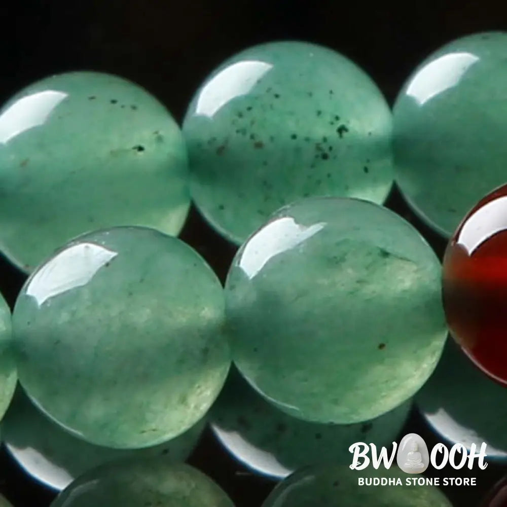 BWOOOH handcrafted 108-bead mala bracelet, showcasing polished 6mm green aventurine and red agate with a fine tassel, enhancing meditation &amp; luck. - View 12