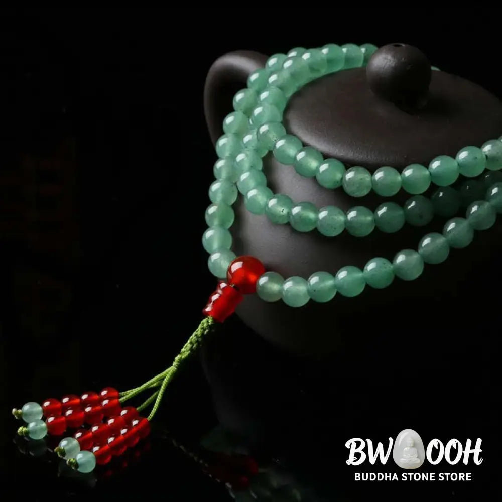 BWOOOH handcrafted 108-bead mala bracelet, showcasing polished 6mm green aventurine and red agate with a fine tassel, enhancing meditation &amp; luck. - View 7