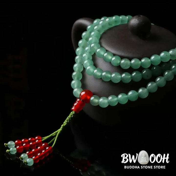 BWOOOH handcrafted 108-bead mala bracelet, showcasing polished 6mm green aventurine and red agate with a fine tassel, enhancing meditation &amp; luck. - View 7