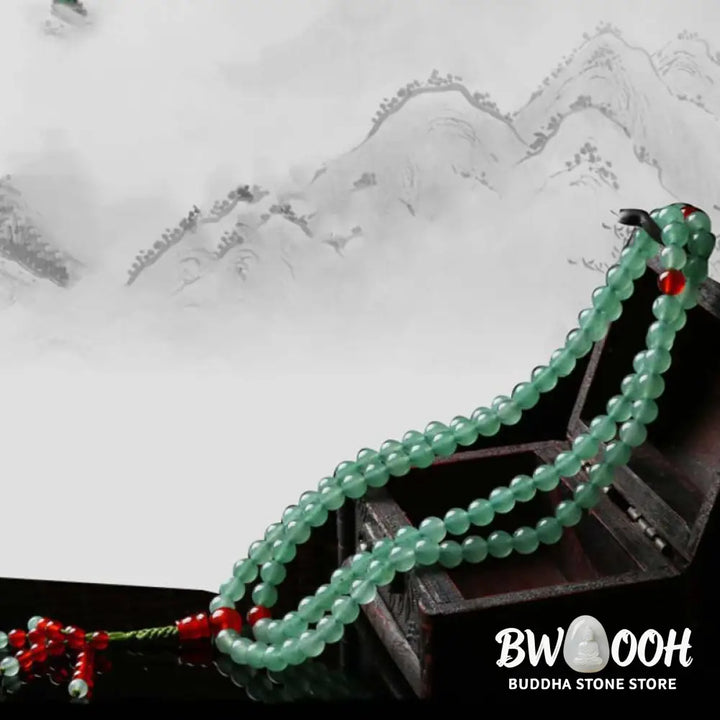 BWOOOH handcrafted 108-bead mala bracelet, showcasing polished 6mm green aventurine and red agate with a fine tassel, enhancing meditation &amp; luck. - View 6