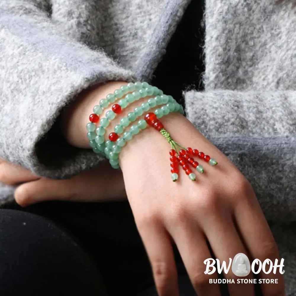 BWOOOH handcrafted 108-bead mala bracelet, showcasing polished 6mm green aventurine and red agate with a fine tassel, enhancing meditation &amp; luck. - View 2