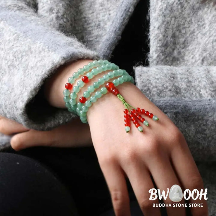 BWOOOH handcrafted 108-bead mala bracelet, showcasing polished 6mm green aventurine and red agate with a fine tassel, enhancing meditation &amp; luck. - View 2