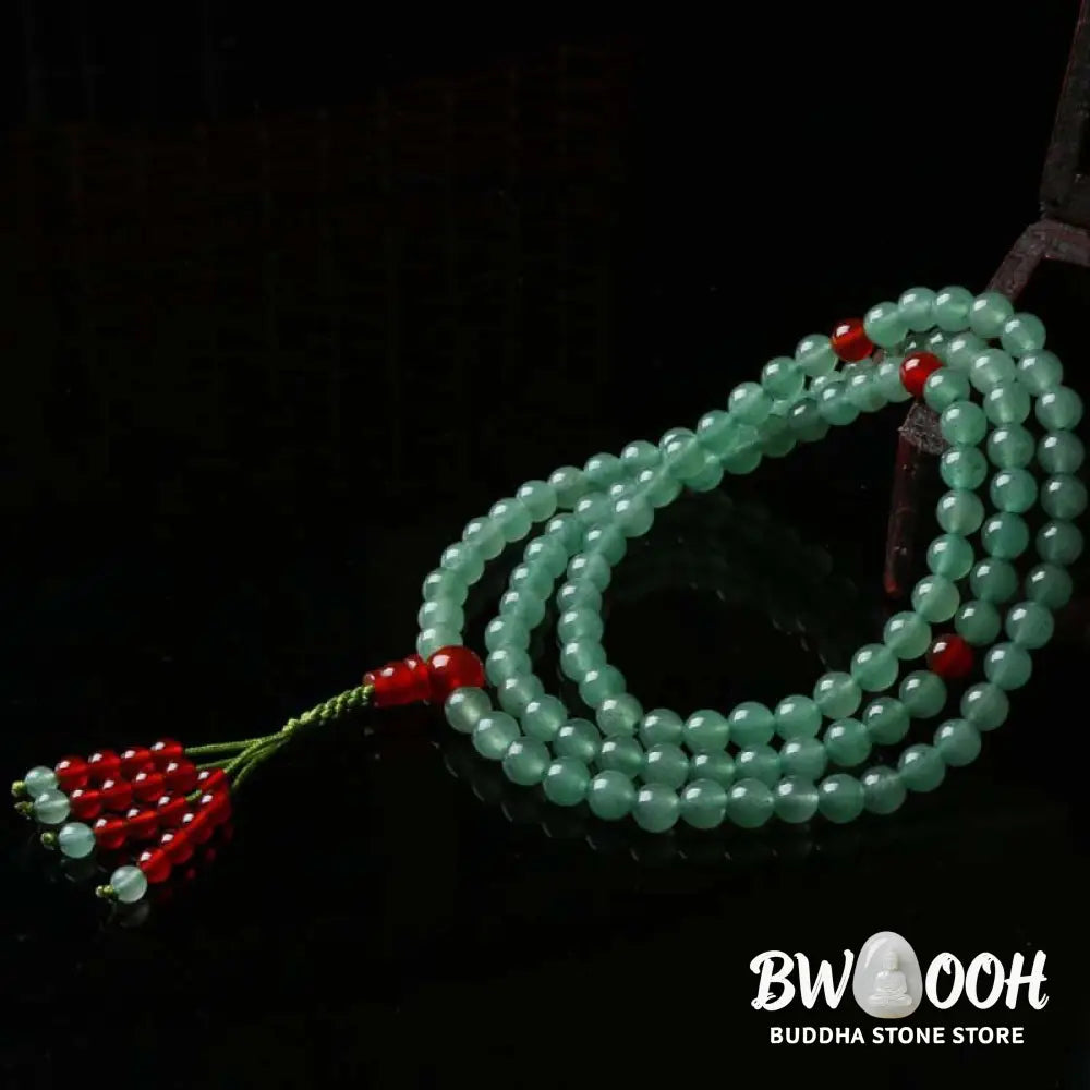 BWOOOH handcrafted 108-bead mala bracelet, showcasing polished 6mm green aventurine and red agate with a fine tassel, enhancing meditation &amp; luck. - View 9