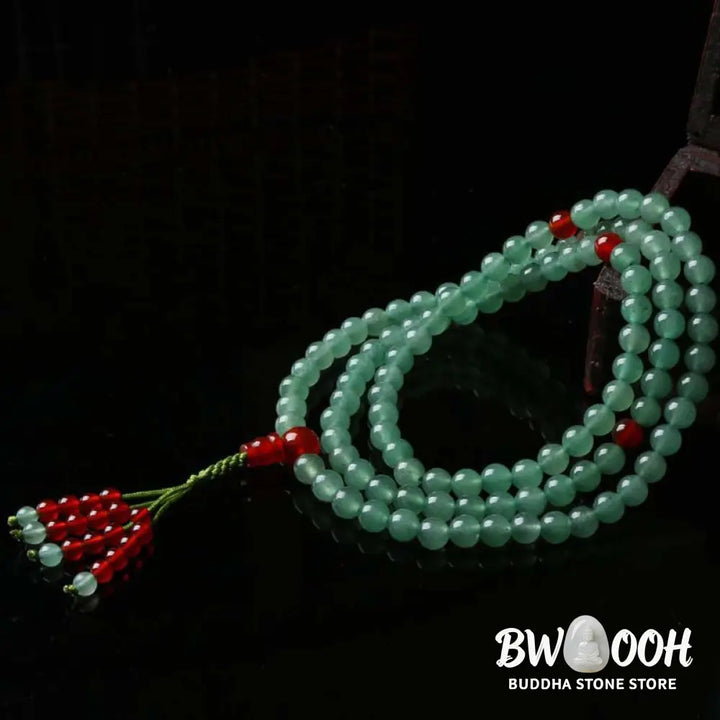 BWOOOH handcrafted 108-bead mala bracelet, showcasing polished 6mm green aventurine and red agate with a fine tassel, enhancing meditation &amp; luck. - View 9