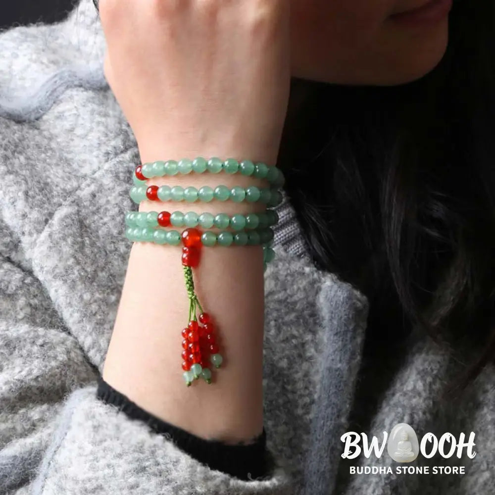 BWOOOH handcrafted 108-bead mala bracelet, showcasing polished 6mm green aventurine and red agate with a fine tassel, enhancing meditation &amp; luck. - View 3