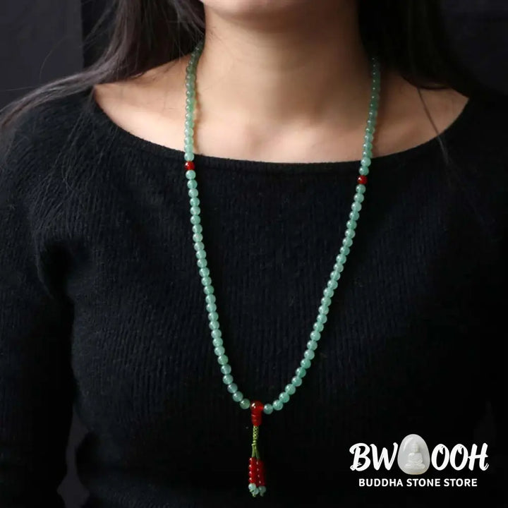 BWOOOH handcrafted 108-bead mala bracelet, showcasing polished 6mm green aventurine and red agate with a fine tassel, enhancing meditation &amp; luck. - View 4