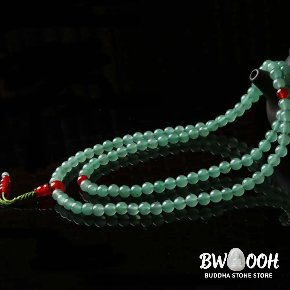 BWOOOH handcrafted 108-bead mala bracelet, showcasing polished 6mm green aventurine and red agate with a fine tassel, enhancing meditation &amp; luck. - View 10