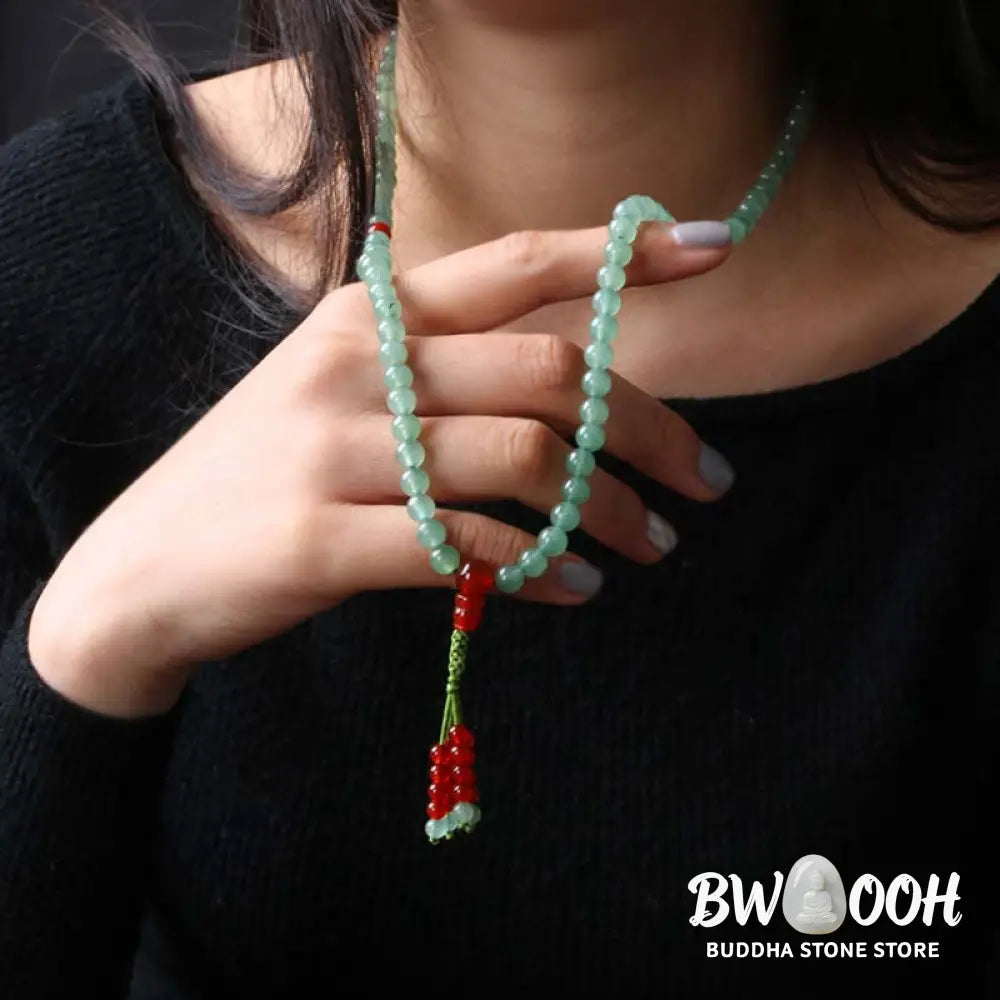 BWOOOH handcrafted 108-bead mala bracelet, showcasing polished 6mm green aventurine and red agate with a fine tassel, enhancing meditation &amp; luck. - View 5