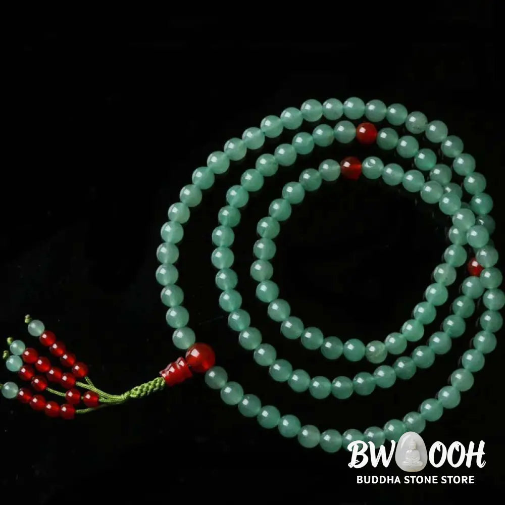 BWOOOH handcrafted 108-bead mala bracelet, showcasing polished 6mm green aventurine and red agate with a fine tassel, enhancing meditation &amp; luck. - View 11