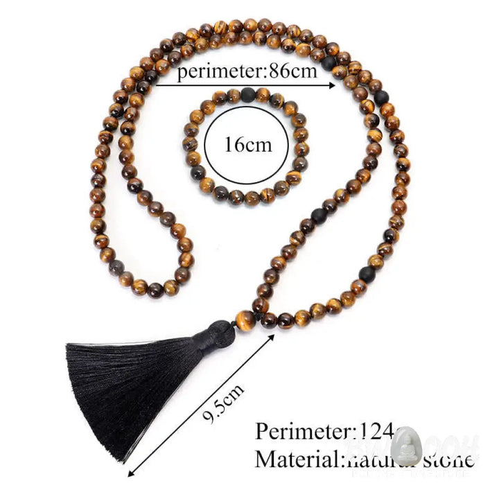 A BWOOOH 108-bead Tiger Eye protection mala bracelet with a matching tassel, showcased on a wrist for meditation and daily spiritual practice, emphasizing courage and positive energy. - View 12