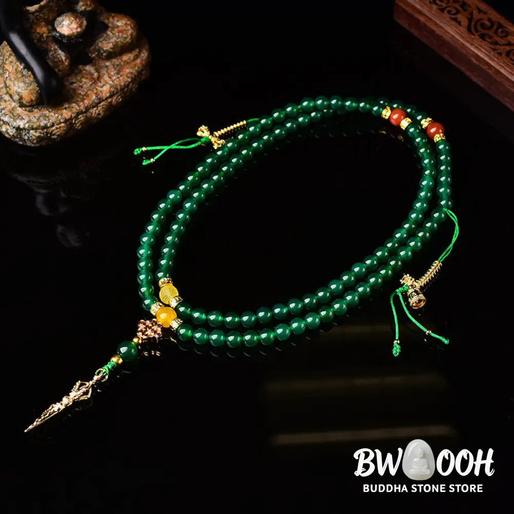 BWOOOH Natural Green Agate 108-bead Success Mala, depicted as a coiled bracelet, showcasing polished green agate stones for meditation, courage, and manifesting victory. - View 5